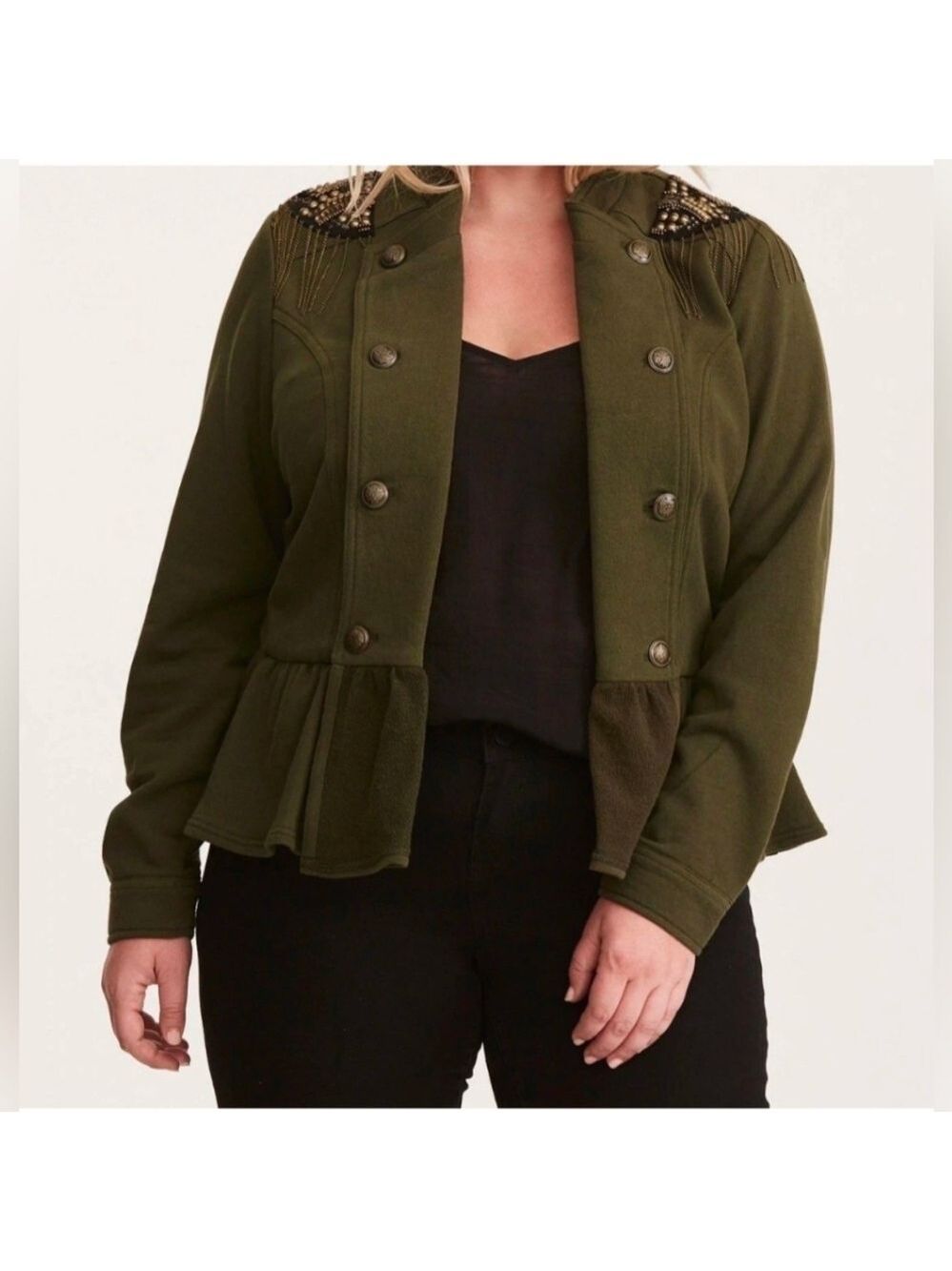 1X • Torrid • Army Green Bead Chain Embellished  Military Sweatshirt Jacket
